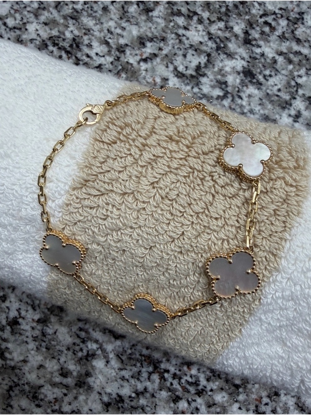14K Solid Gold Clover Link Bracelet with White Mother-of-Pearl Accents